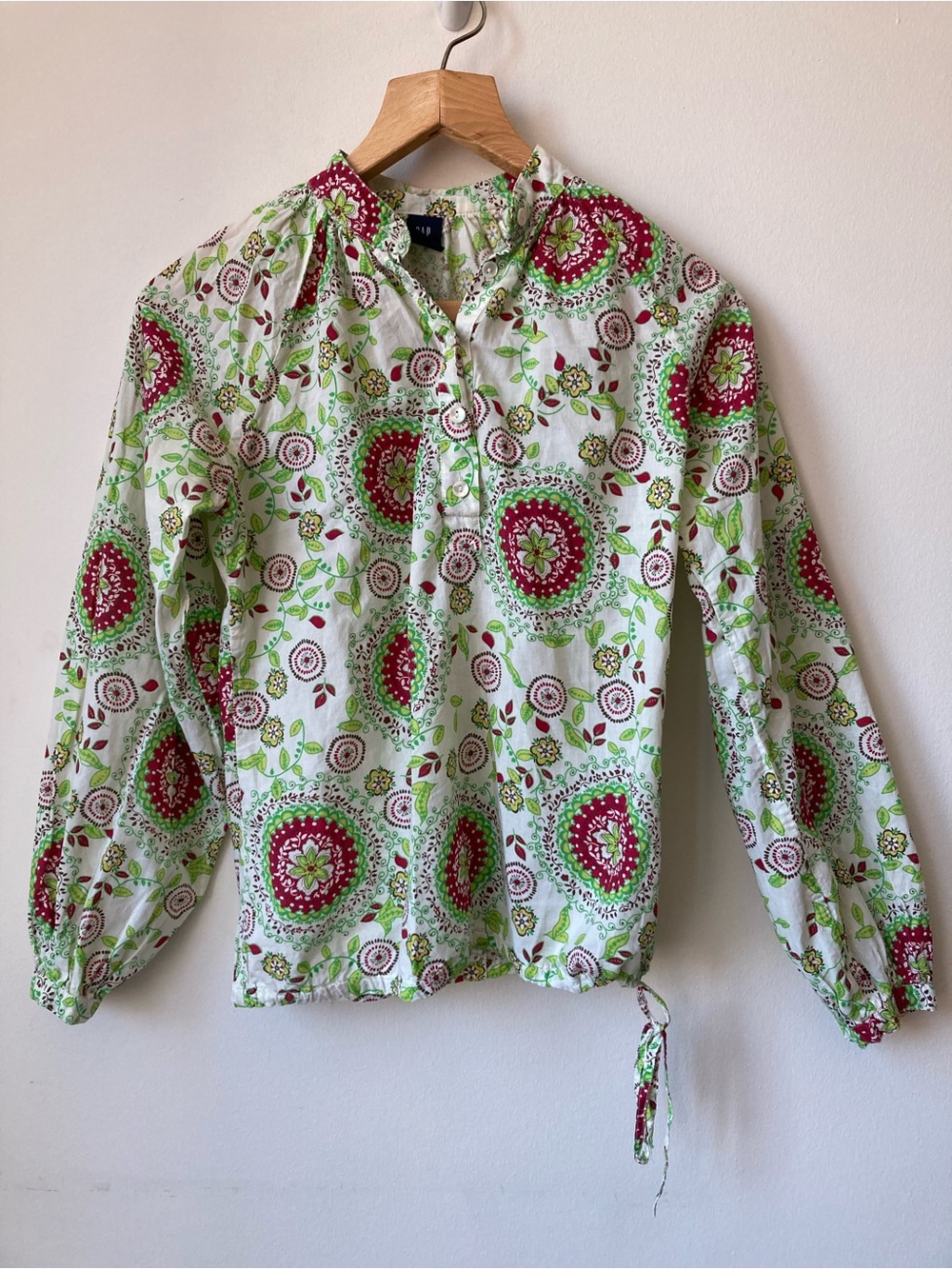 Gap Boho Floral print long-sleeve blouse Top Cotton Women XS Mandarin Collar